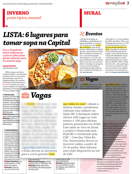 Página Geração E do Jornal do Comércio com publicação sobre a CQV